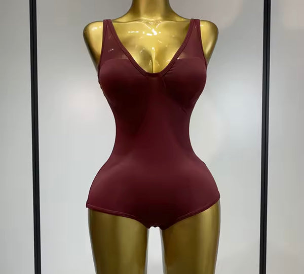 Women Sexy Burgundy Bodysuit Full Sleeve Mesh Maxi Dress