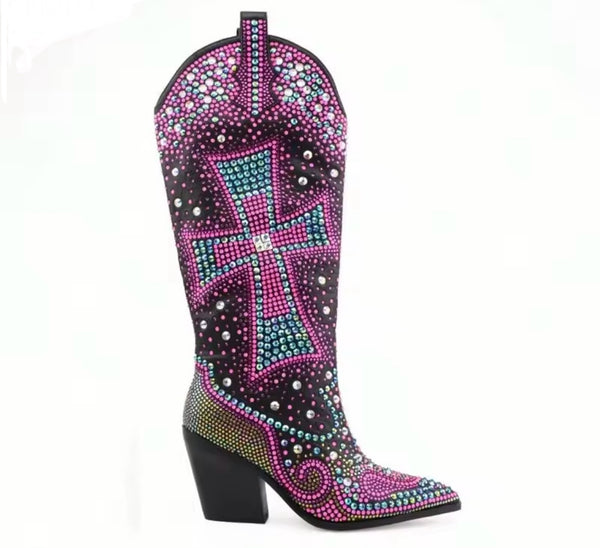 Women Fashion Colorful Print Bling Knee High Western Boots