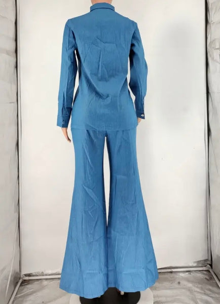 Women Fashion Button Up Full Sleeve Denim Two Piece Pant Set