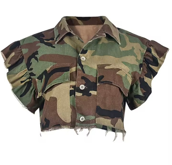 Women Fashion Camouflage Button Up Ruffled Short Sleeve Top