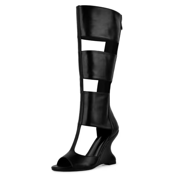 Women Black Fashion Open Toe Cut Out Wedge Knee High Boots