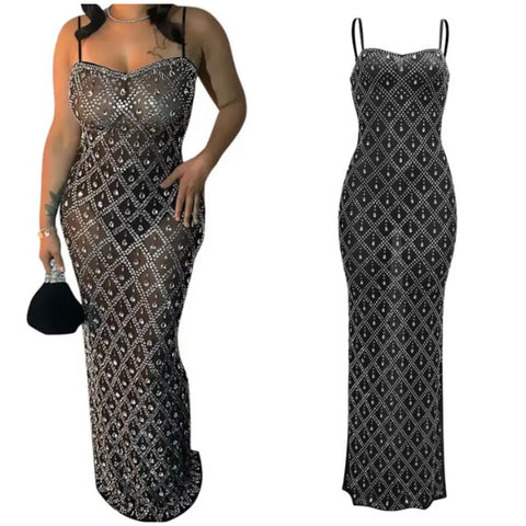 Women Sexy Sleeveless Bling Crystal Mesh Maxi Dress