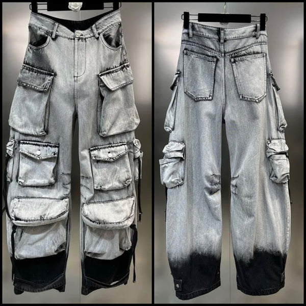 Women Gray Fashion Cargo Denim Pants