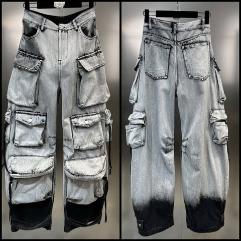 Women Gray Fashion Cargo Denim Pants