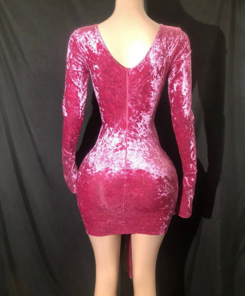 Women Sexy Pink Bling Full Sleeve Cut Out Velour Dress