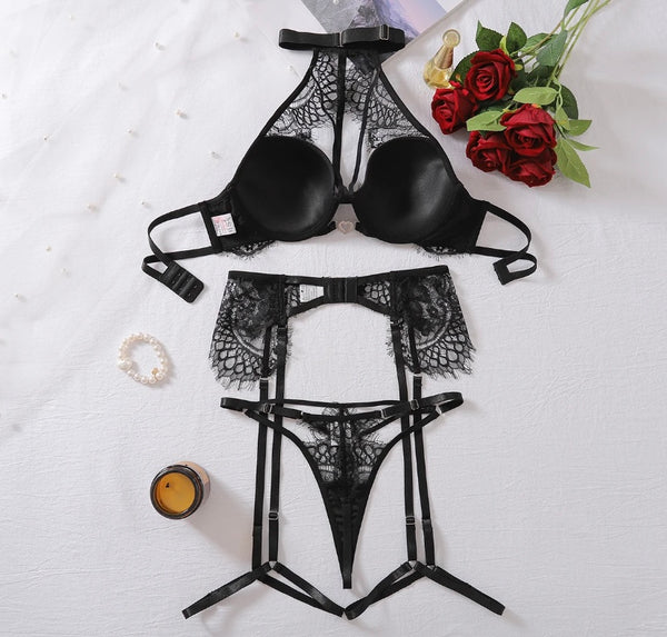 Women Black Sexy Lace Choker Lingerie Set