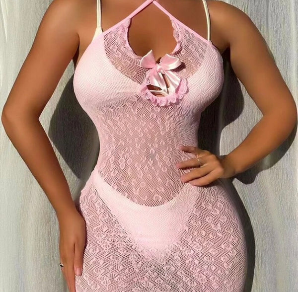 Women Sexy Pink Lace Halter Dress Lingerie