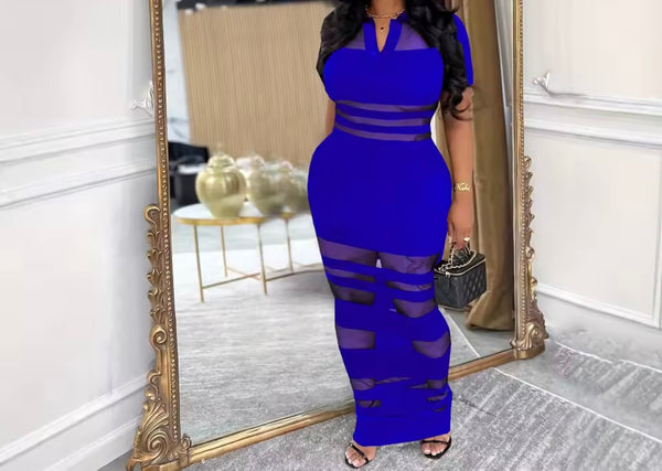 Women Sexy Short Sleeve Solid Color Mesh Patchwork Maxi Dress