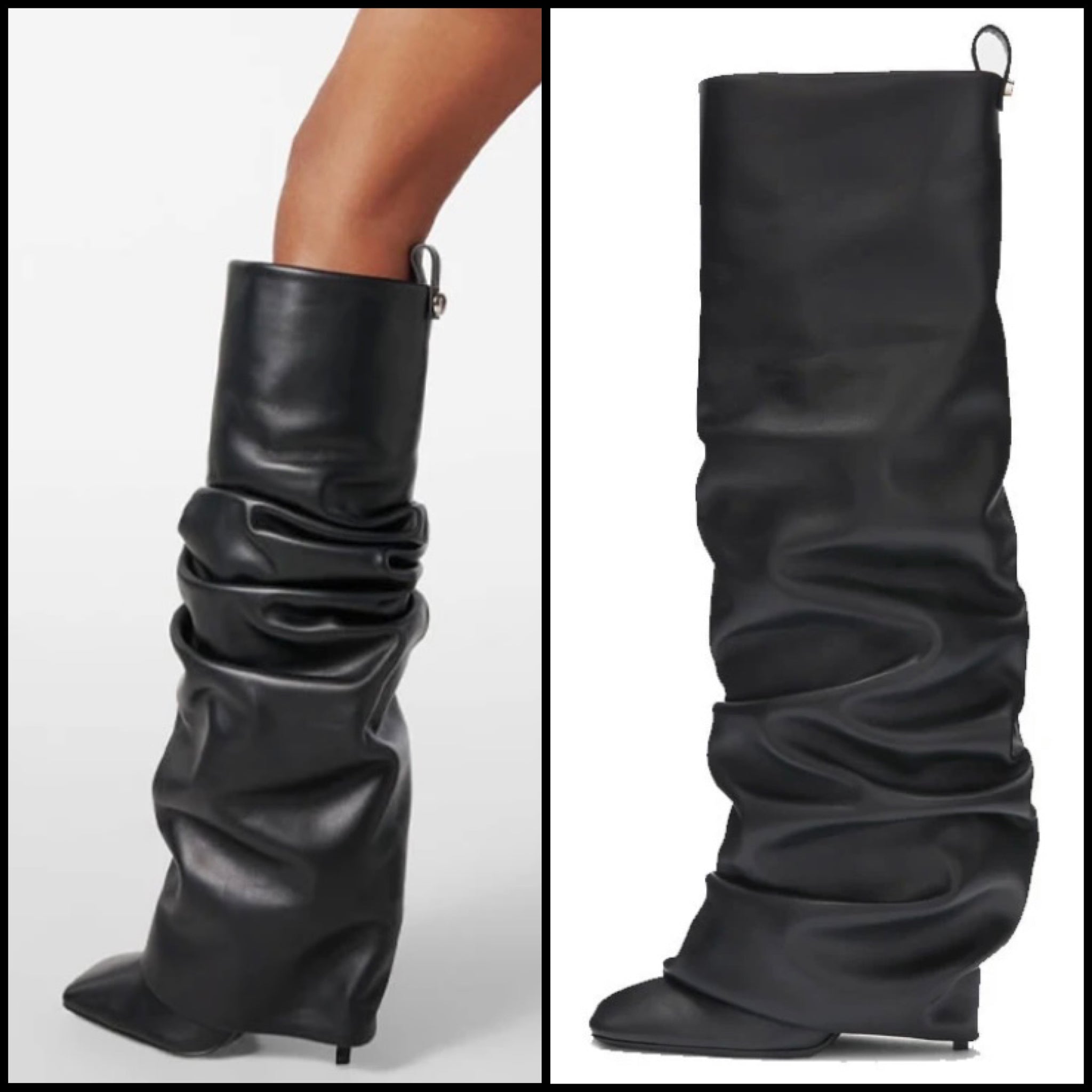 Women Fashion Faux Leather Black Ruched Knee High Boots