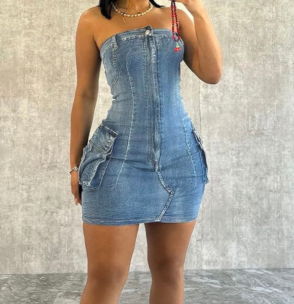 Women Sexy Strapless Cargo Denim Tube Dress