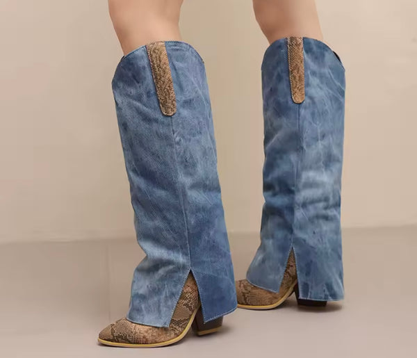 Women Fashion Color Animal Print Denim Knee High Western Boots