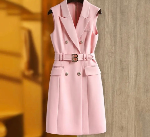 Women Fashion Sleeveless Gold Button Letter Belt Dress