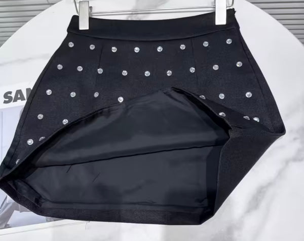 Women Sexy Sleeveless Bow Crop Two Piece Rhinestone Skirt Set