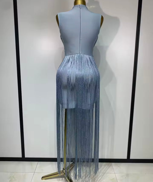 Women Sexy Sleeveless Fringe Tassel Maxi Dress