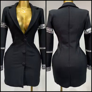 Women Sexy Black Button Up Crystal Full Sleeve Blazer Dress