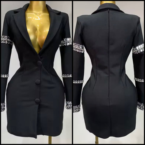 Women Sexy Black Button Up Crystal Full Sleeve Blazer Dress