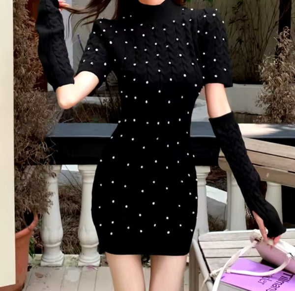 Women Fashion Bling Knitted Removable Sleeve Dress