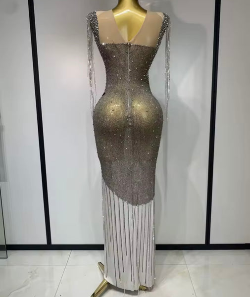 Women Sexy Rhinestone Tassel Sleeveless Mesh Maxi Dress
