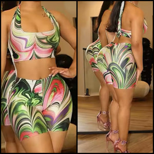 Women Sexy Halter Sleeveless Multicolored Print Two Piece Short Set