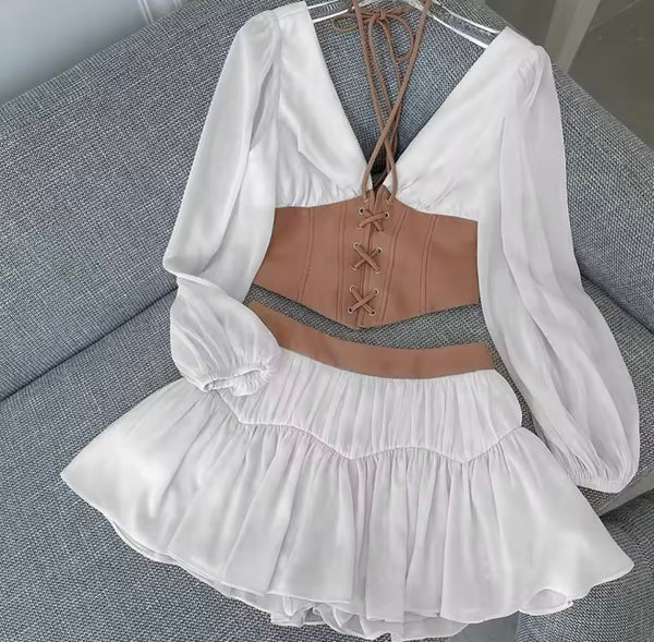 Women Color Patchwork Full Sleeve Two Piece Skirt Set