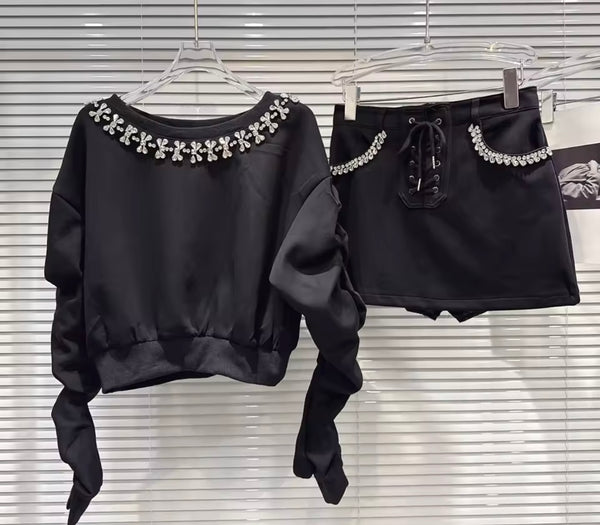 Women Fashion Rhinestone Sweater Two Piece Skirt Set