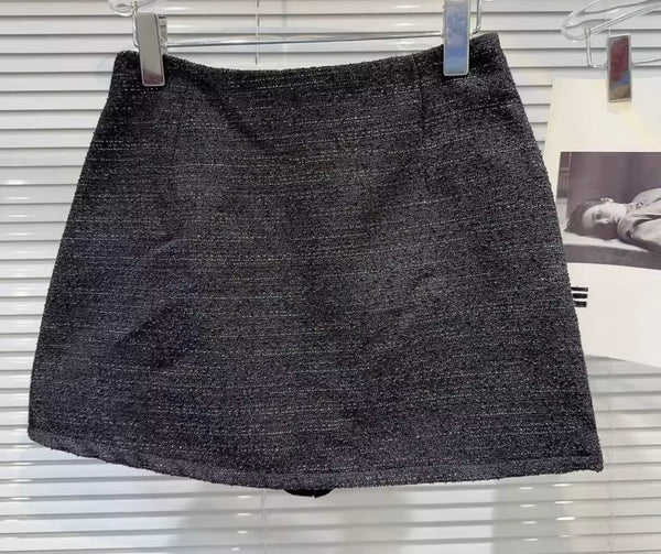 Women Black Bow Sleeveless Tweed Two Piece Skirt Set