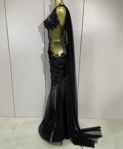 Women Sexy One Shoulder Sleeveless 3D Floral Mesh Maxi Dress