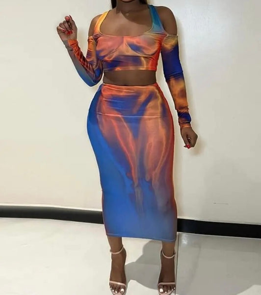 Women Sexy Multicolored Full Sleeve Crop Two Piece Skirt Set