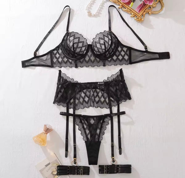 Women Sexy Black Printed Mesh Thong Lingerie Set