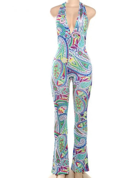 Women Printed Sexy Halter Sleeveless Jumpsuit