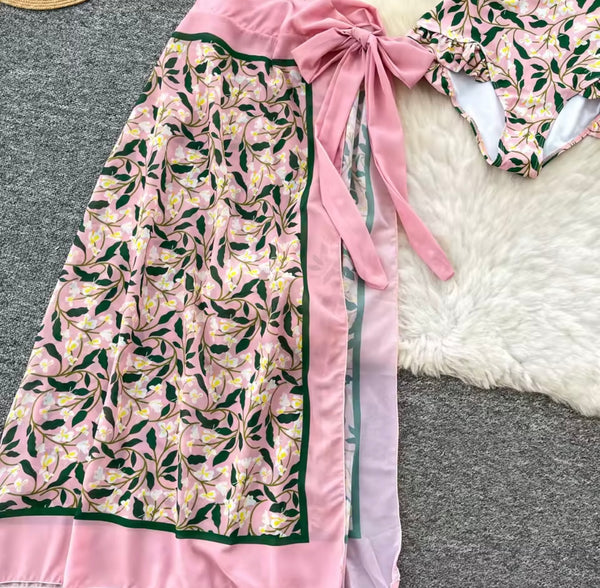 Women Pink Floral Bikini Cover Up Set