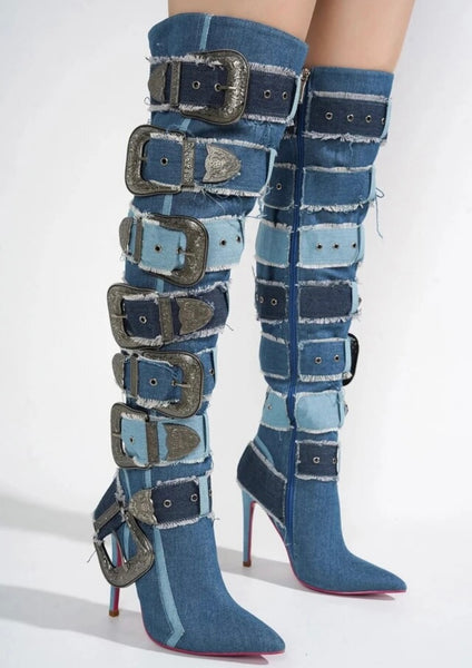 Women Fashion Color Patchwork Buckled Denim Knee High Boots