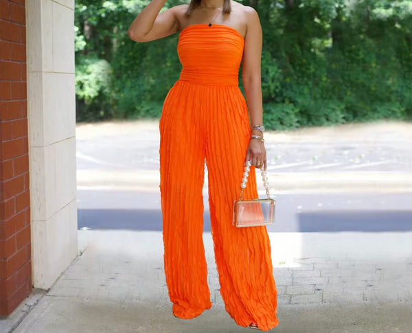 Women Sexy Strapless Color Pleated Jumpsuit