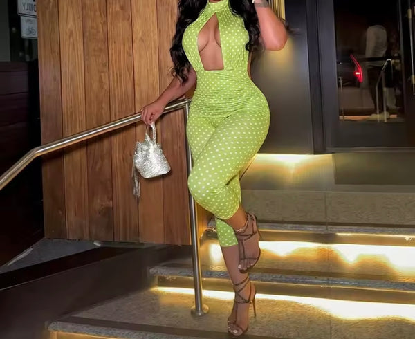 Women Halter Open Back Sexy Sleeveless Polka Dot Jumpsuit