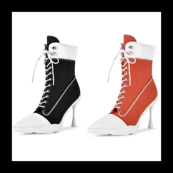 Women Color Patchwork Pointed Toe Lace Up Ankle Boots
