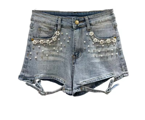 Women Fashion Beaded Bling Buckled Denim Shorts
