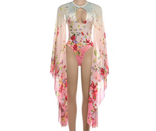 Women Sexy Fashion Floral Print Cut Out Batwing Bodysuit Top
