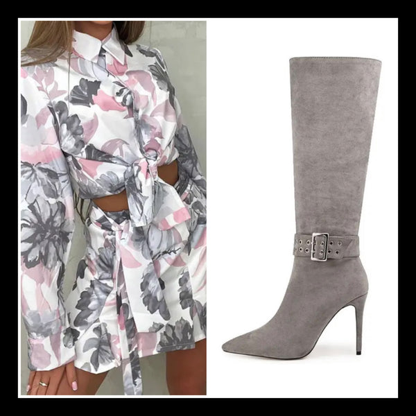 Women Pointed Toe Suede Buckled Knee High Boots