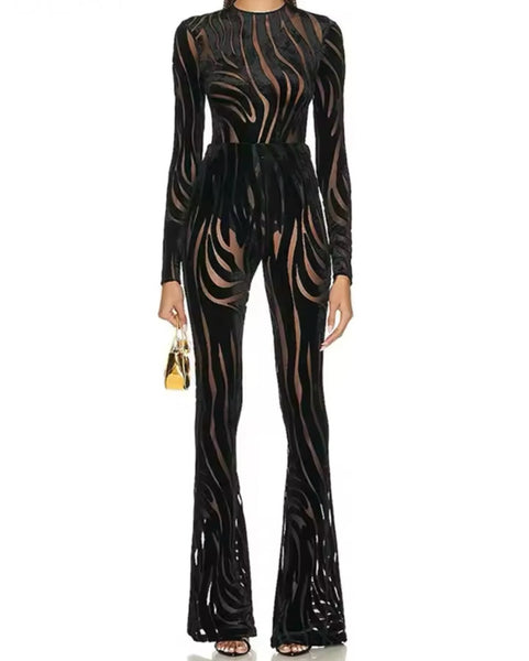 Women Sexy Black Printed See Through Bodysuit Two Piece Pant Set