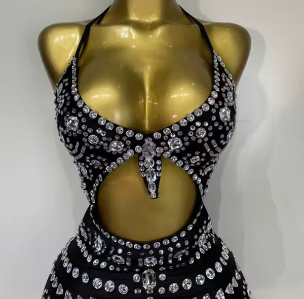 Women Sexy Halter Sleeveless Cut Out Rhinestone Feather Dress