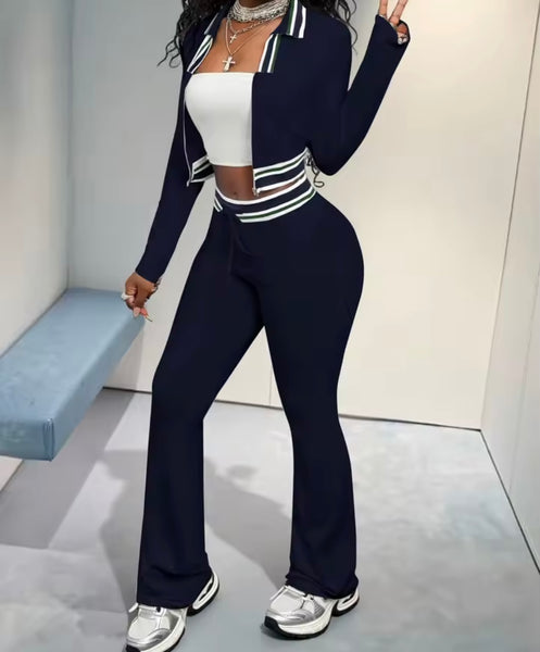 Women Fashion Striped Zip Up Tracksuit Two Piece Pant Set