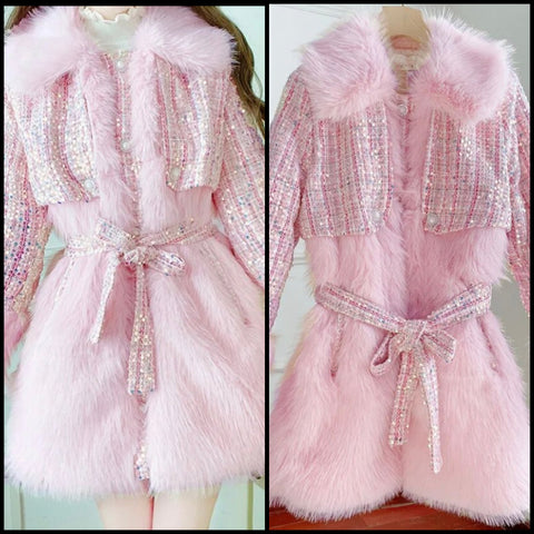 Women Fashion Pink Faux Fur Sequins Jacket