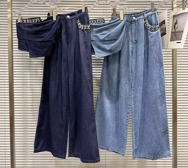 Women Strapless Rhinestone Embellishment Denim Two Piece Pant Set