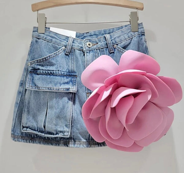 Women Fashion Pocket Color Floral Denim Skirt