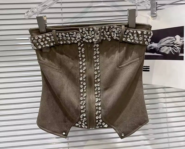 Women Fashion Strapless Suede Rhinestone Crop Top