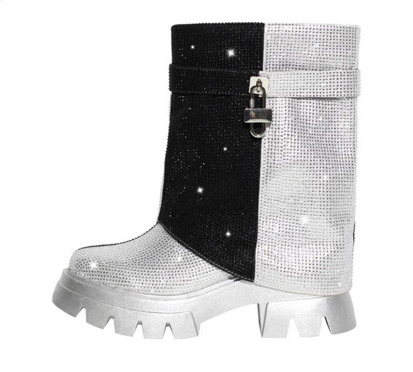Women Fashion Color Patchwork Bling Buckled Lock Ankle Boots