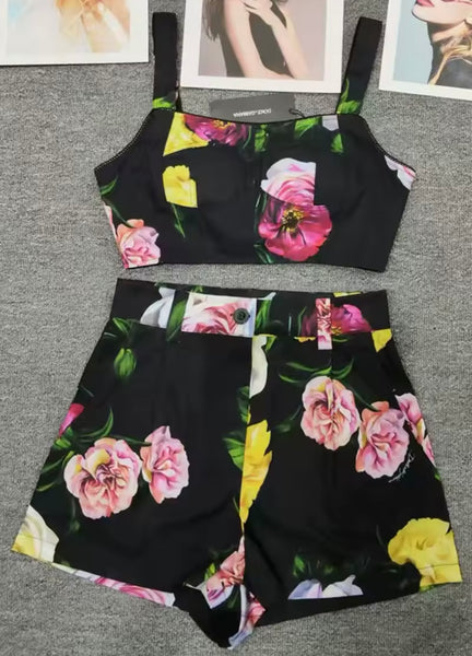 Women Black Floral Print Fashion Two Piece Short Set