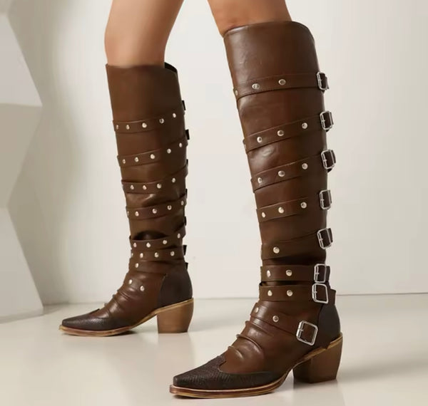 Women Fashion Color Buckled Knee High Western Boots