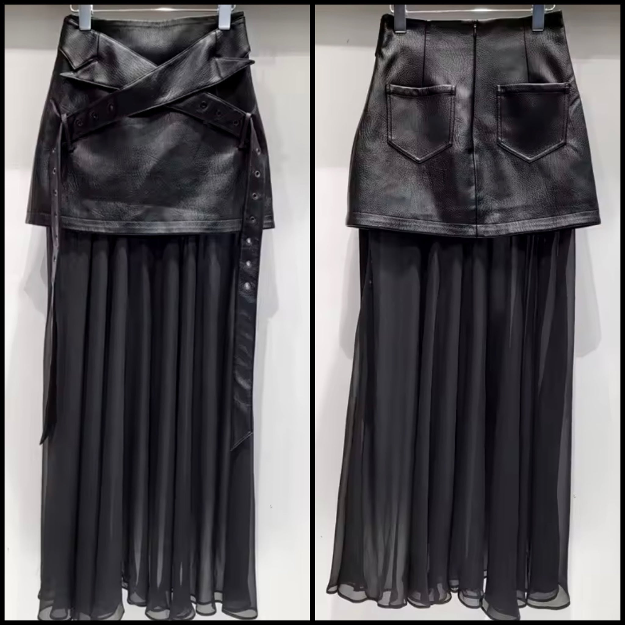 Women Fashion Black Faux Leather Mesh Patchwork Maxi Skirt