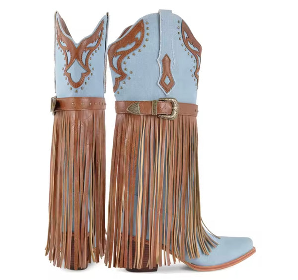 Women Buckled Fringe Tassel Fashion Knee High Western Boots